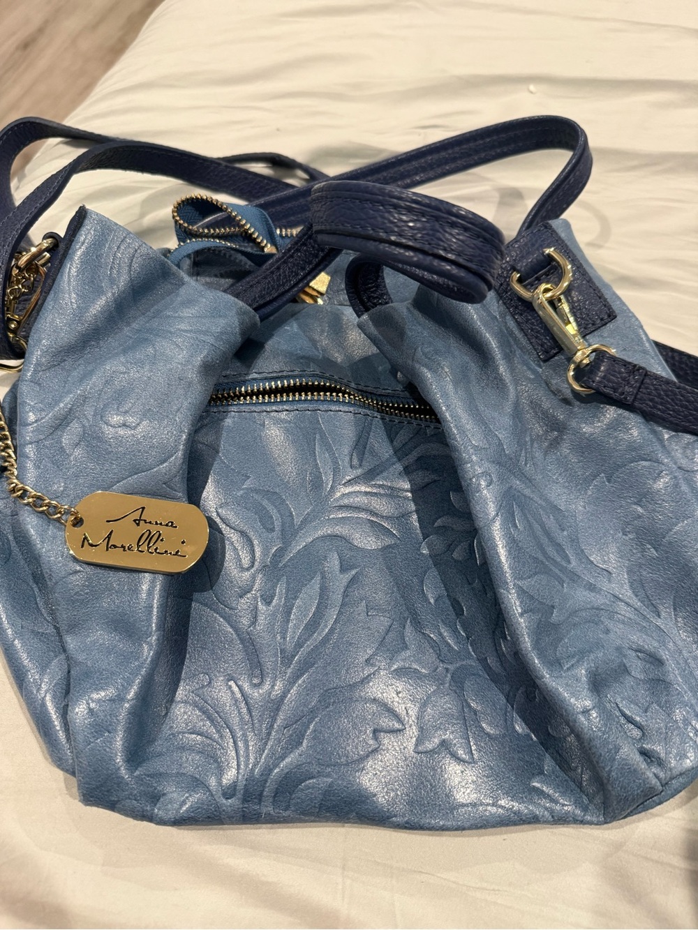 Blue Embossed Leather Shoulder Bag